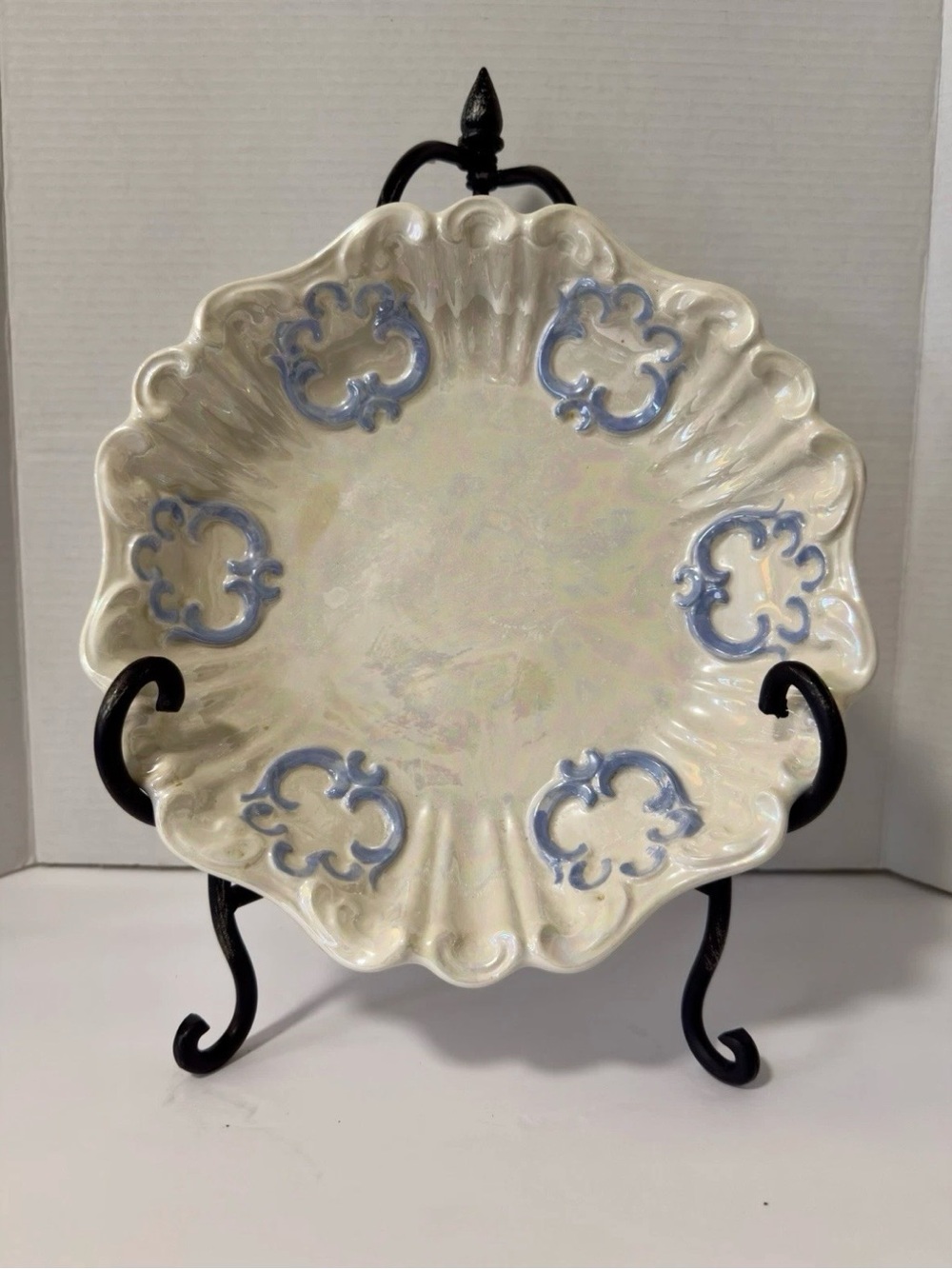 Vintage Lusterware Oyster Plate 6 Well Blue White Majolica Ceramic Dish